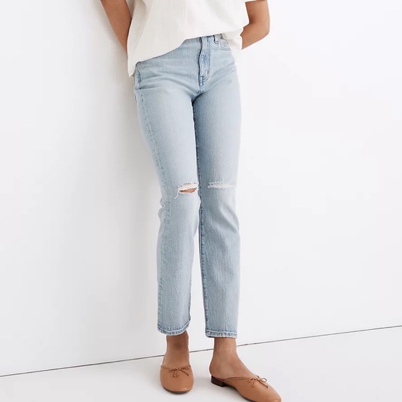 Madewell Denim - Madewell Sz 28 High Rise Boy Jean Slim Crop Light Wash Distressed Straight Ankle